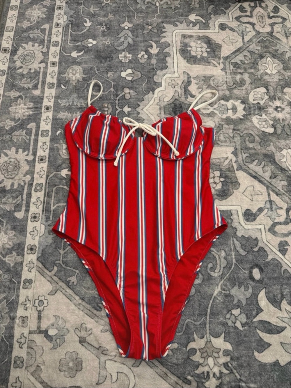 No Boundaries Red Striped One-Piece Swimwear with White & Blue Accents